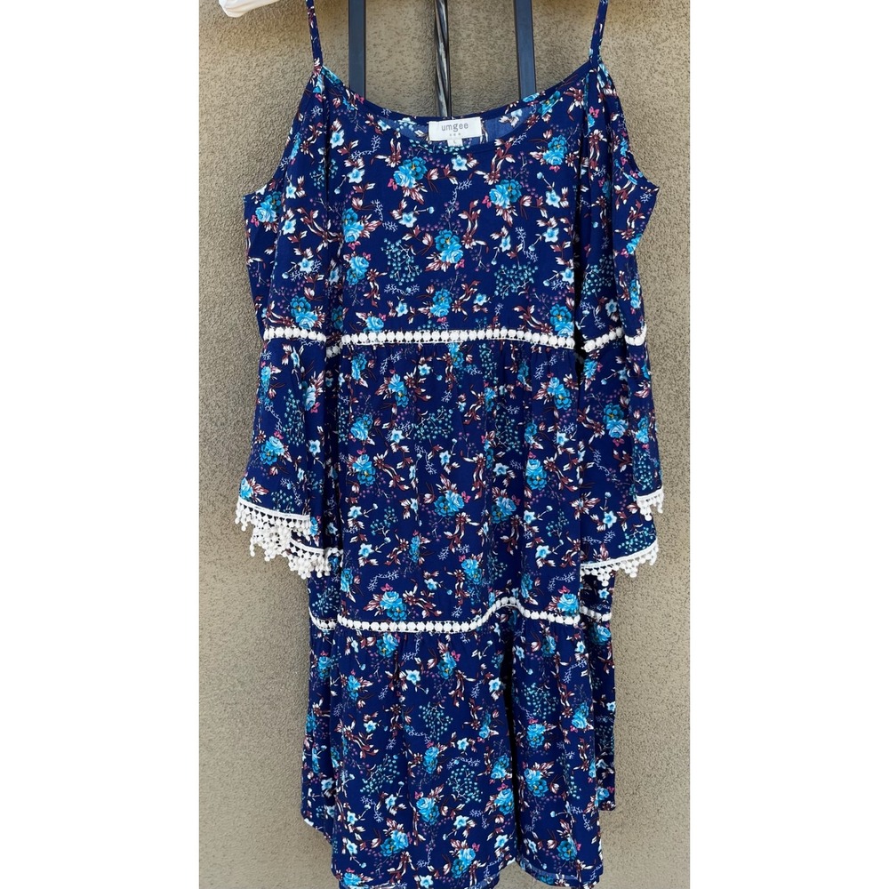 Umgee Navy Blue Floral Print Cold Shoulder‎ Dress Boho Tiered Trim Crochet L